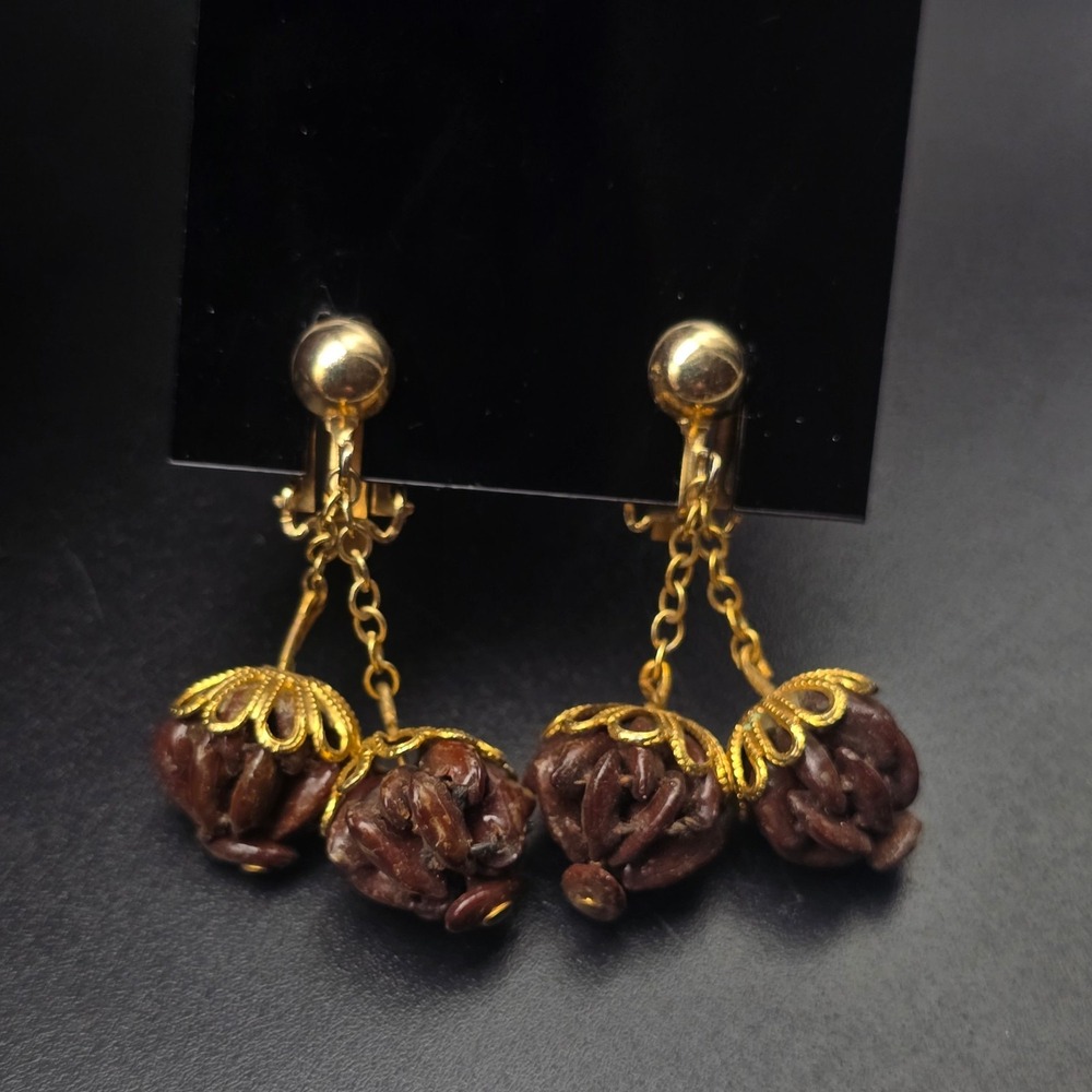 Seed Pod Cluster Earrings Brown Gold Tone Dangle Drop Vintage